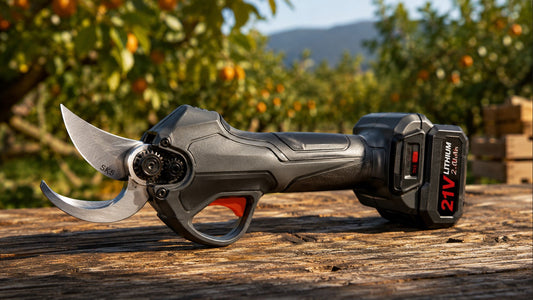 Un sécateur électrique sans fil professionnel avec batterie posé sur une table en bois, idéal pour la taille des vignes et prévenir les TMS.