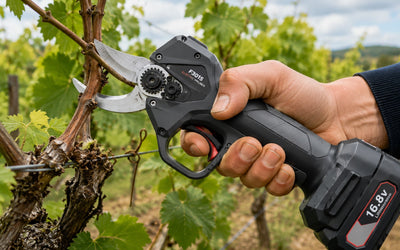 Vigneron utilisant un sécateur électrique ergonomique avec lame franche pour tailler la vigne, la solution idéale pour prévenir la tendinite.