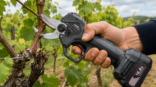 Vigneron utilisant un sécateur électrique ergonomique avec lame franche pour tailler la vigne, la solution idéale pour prévenir la tendinite.